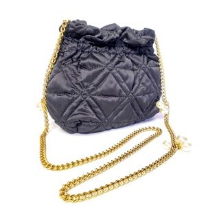 Black Quilted Pouch Style Gold Chain w Pearls Mini Crossbody Purse